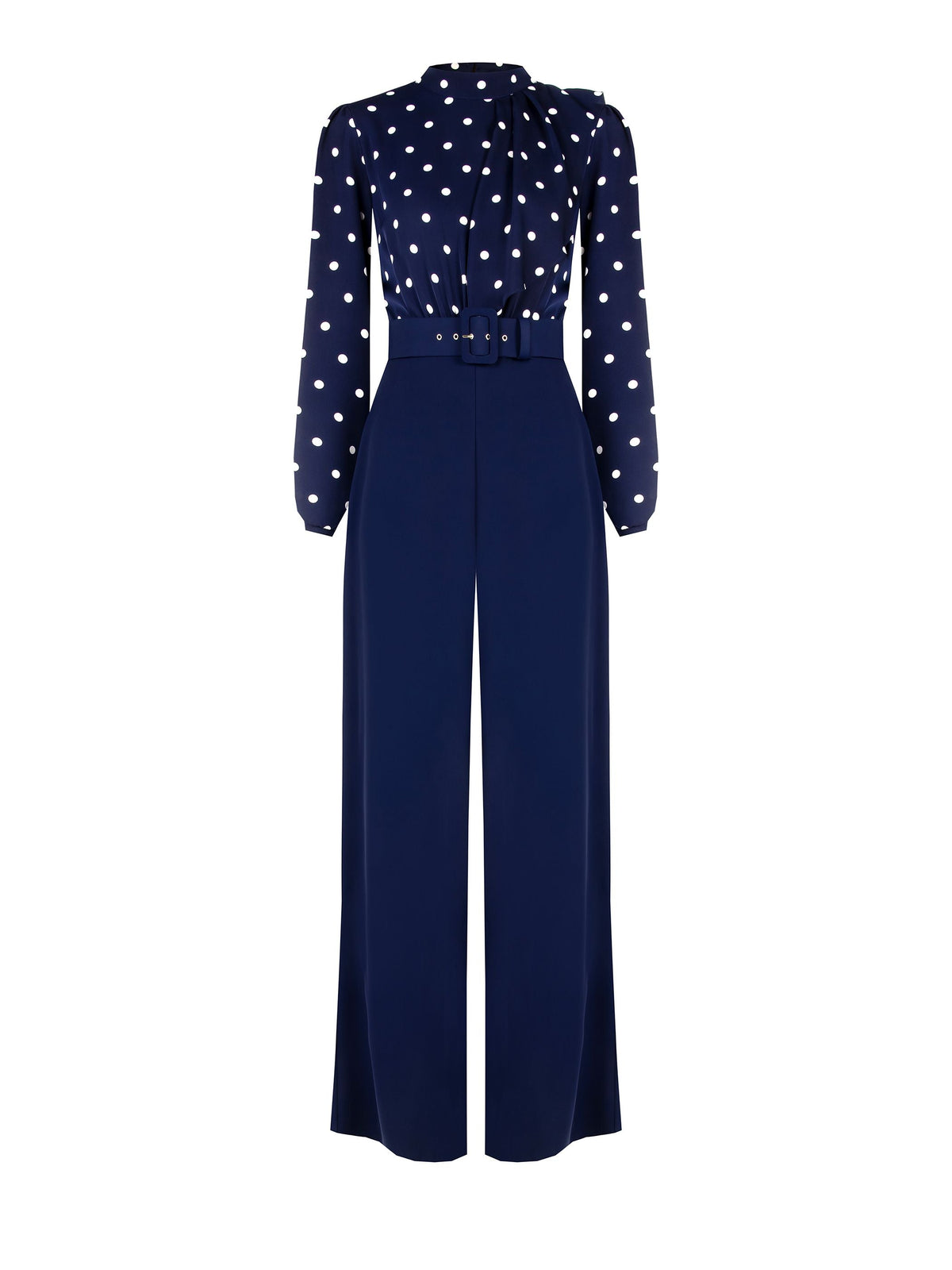 Tuta blu con blusa a pois e collo foulard