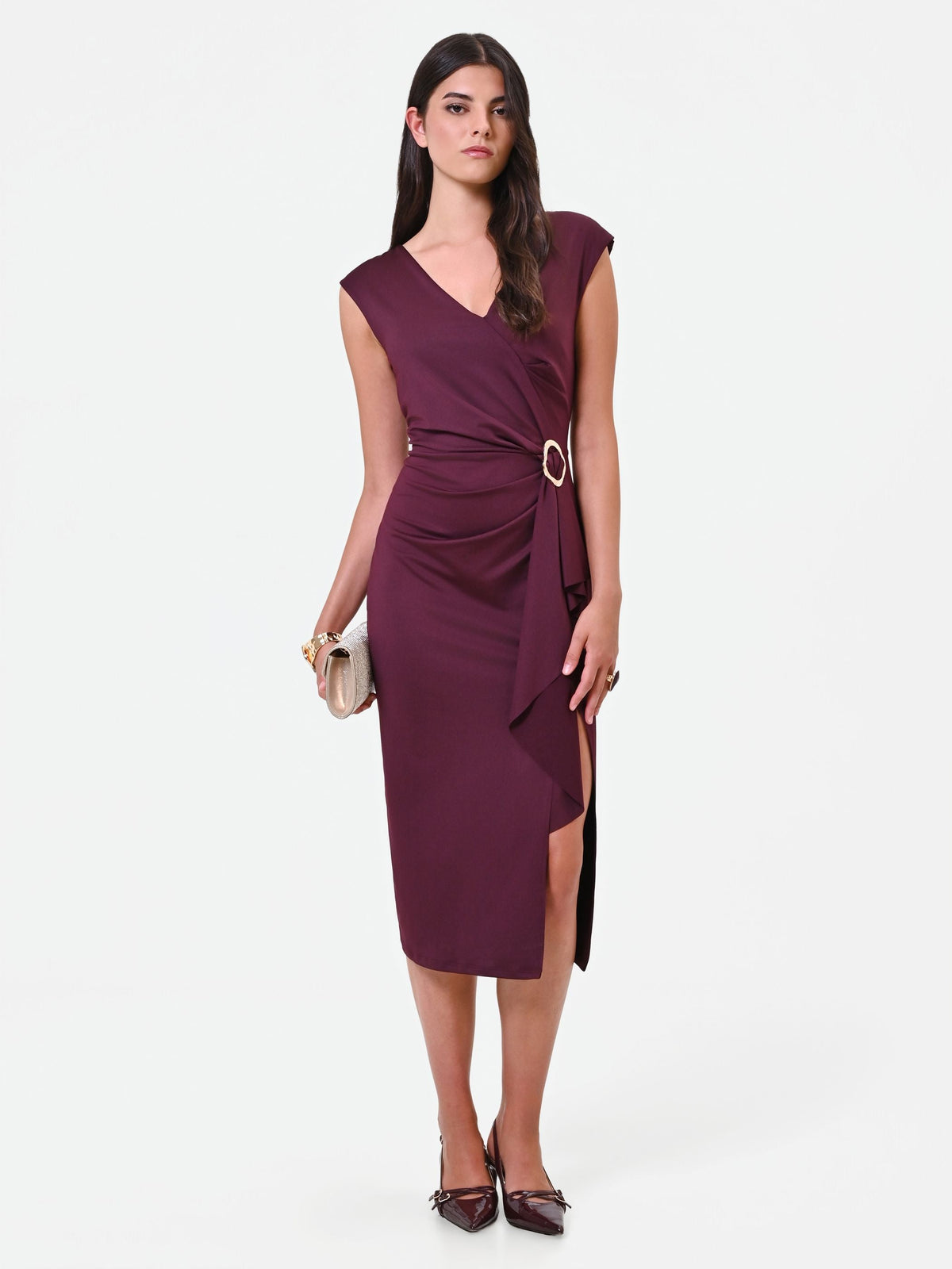 Abito midi drappeggiato bordeaux con fibbia