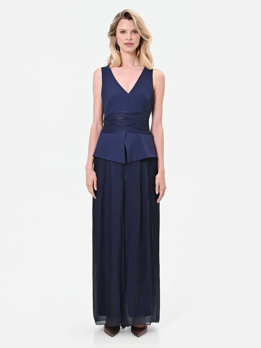 Tuta fluida in raso cangiante blu navy
