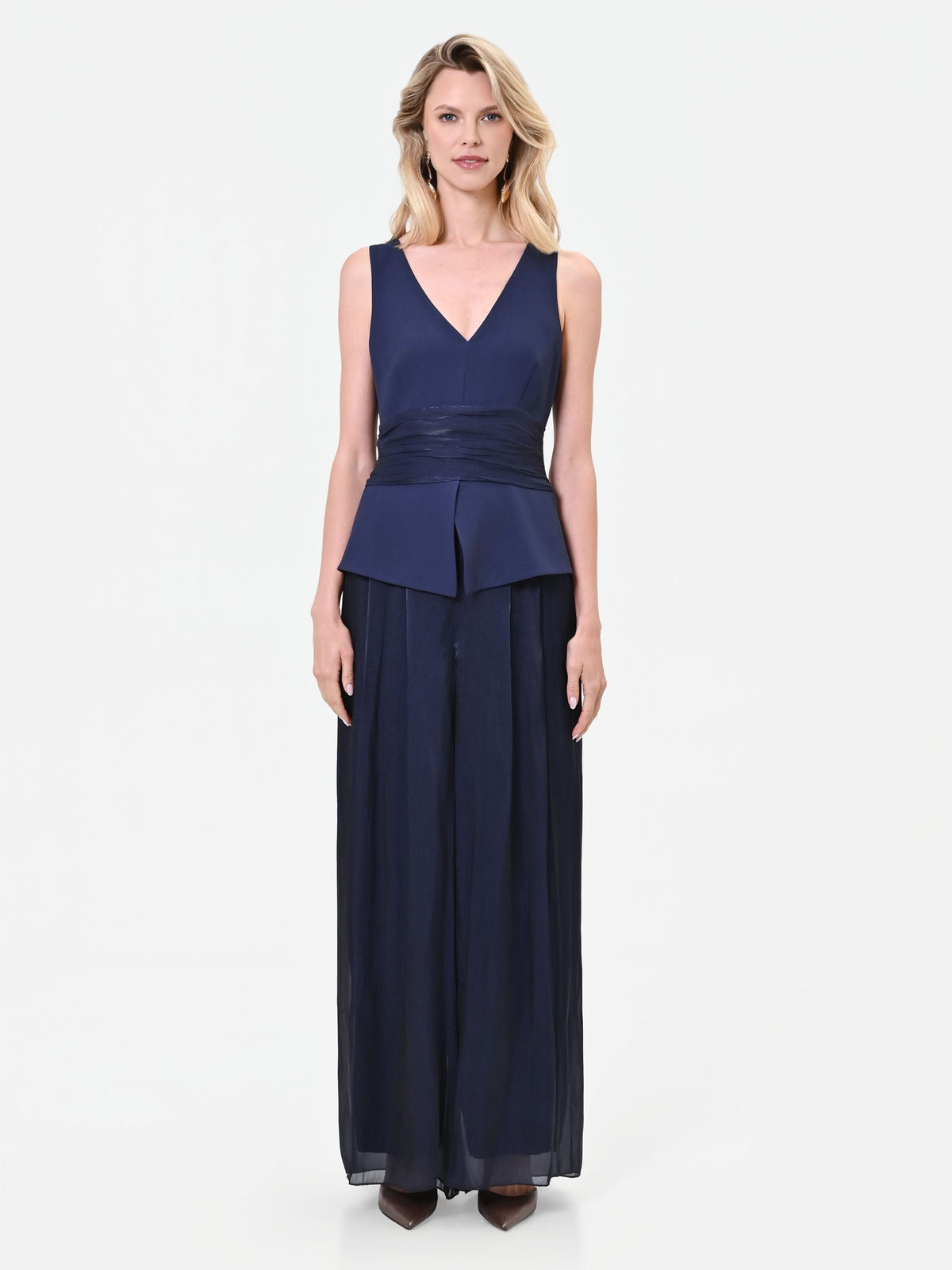 Tuta fluida in raso cangiante blu navy