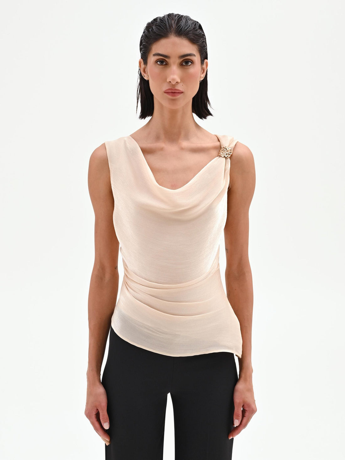 Top beige chiaro drappeggiato in tessuto cangiante
