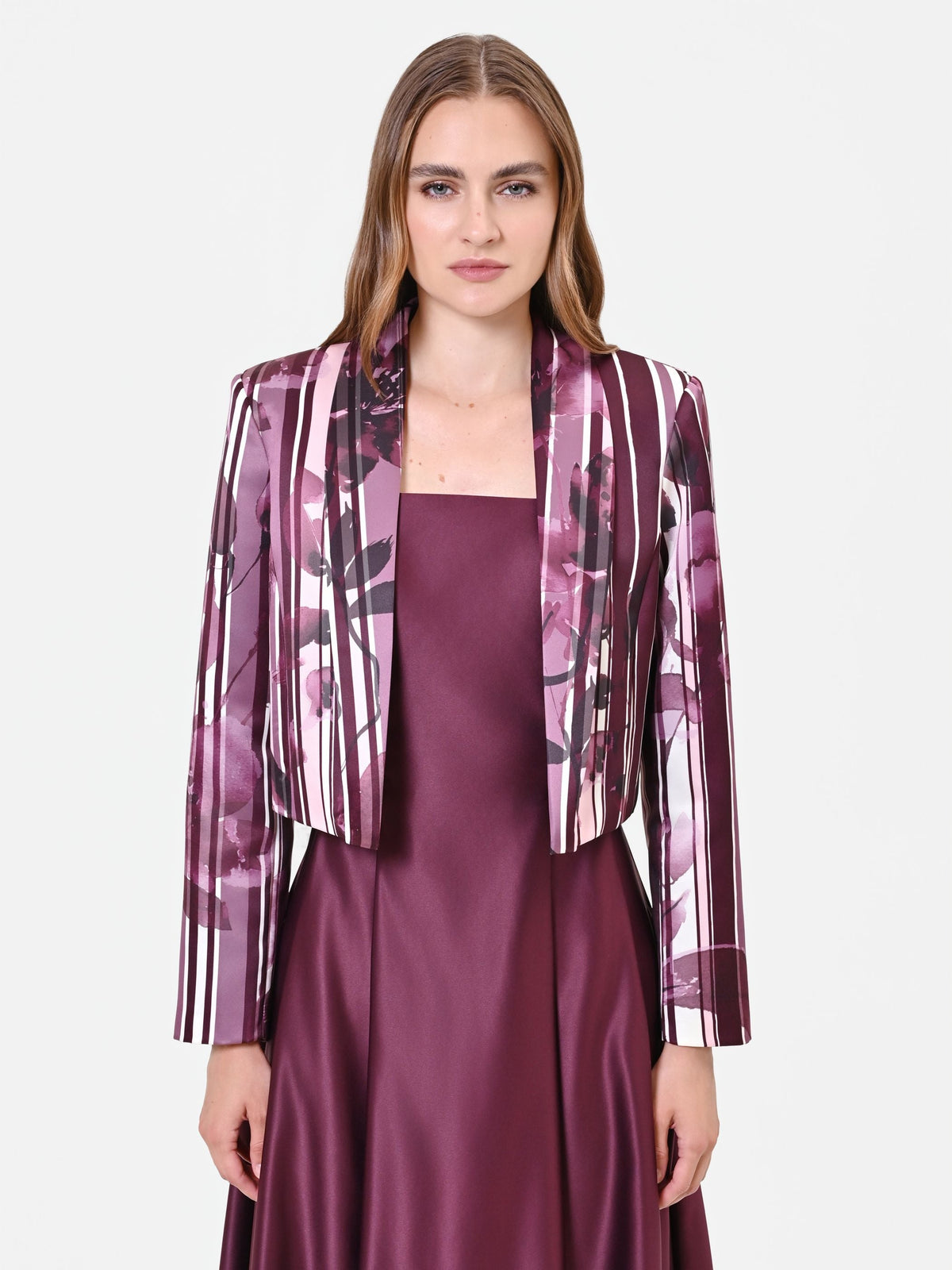 Giacca in raso stampa floreale rosso bordeaux