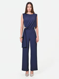Tuta blu navy con pantalone palazzo e drappeggio