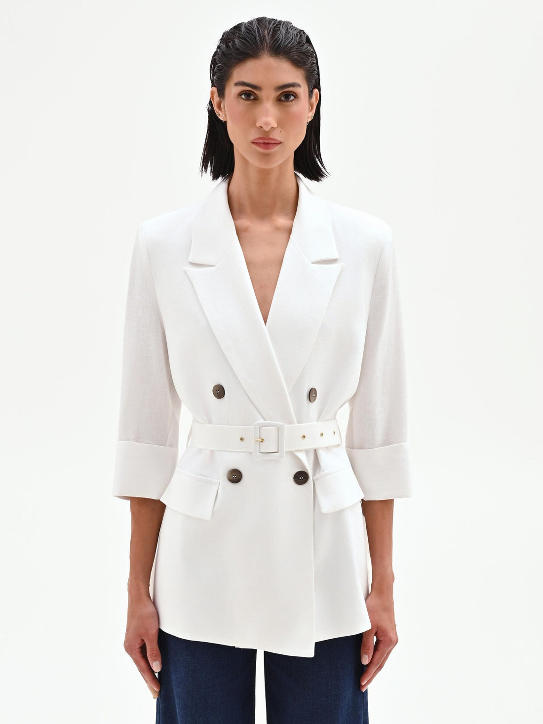 Blazer doppiopetto panna in lino con cintura