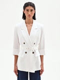 Blazer doppiopetto panna in lino con cintura