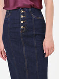 Gonna tubino blu navy in denim con bottoni dorati