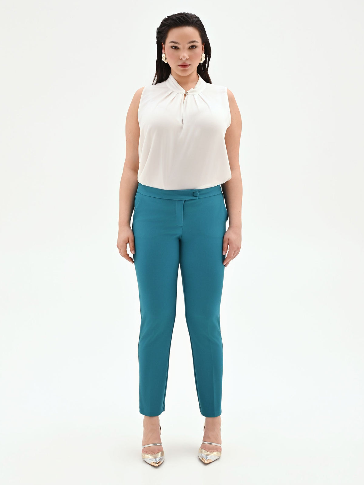 Pantalone Curvy blu ottanio con piega in scuba mano crepe