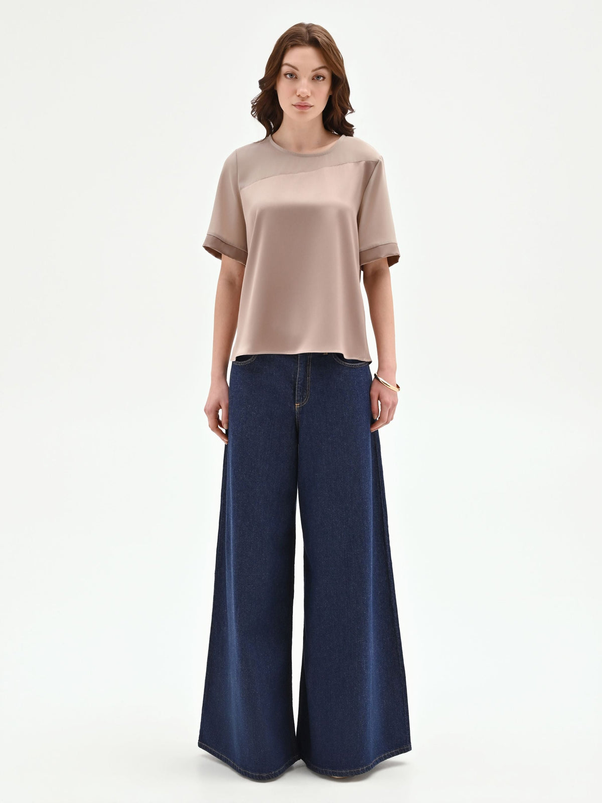 Blusa bimateriale tortora beige