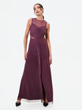 Abito lungo bordeaux rosso con corpino drappeggiato e tulle