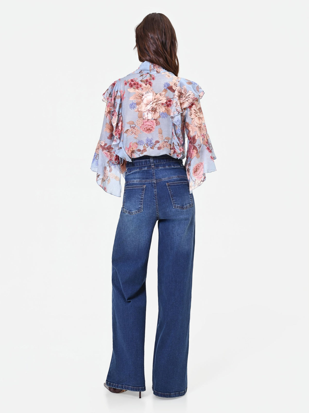 Jeans blu a vita alta con cintura gamba ampia