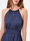 Abito lungo blu navy con scollo all'americana