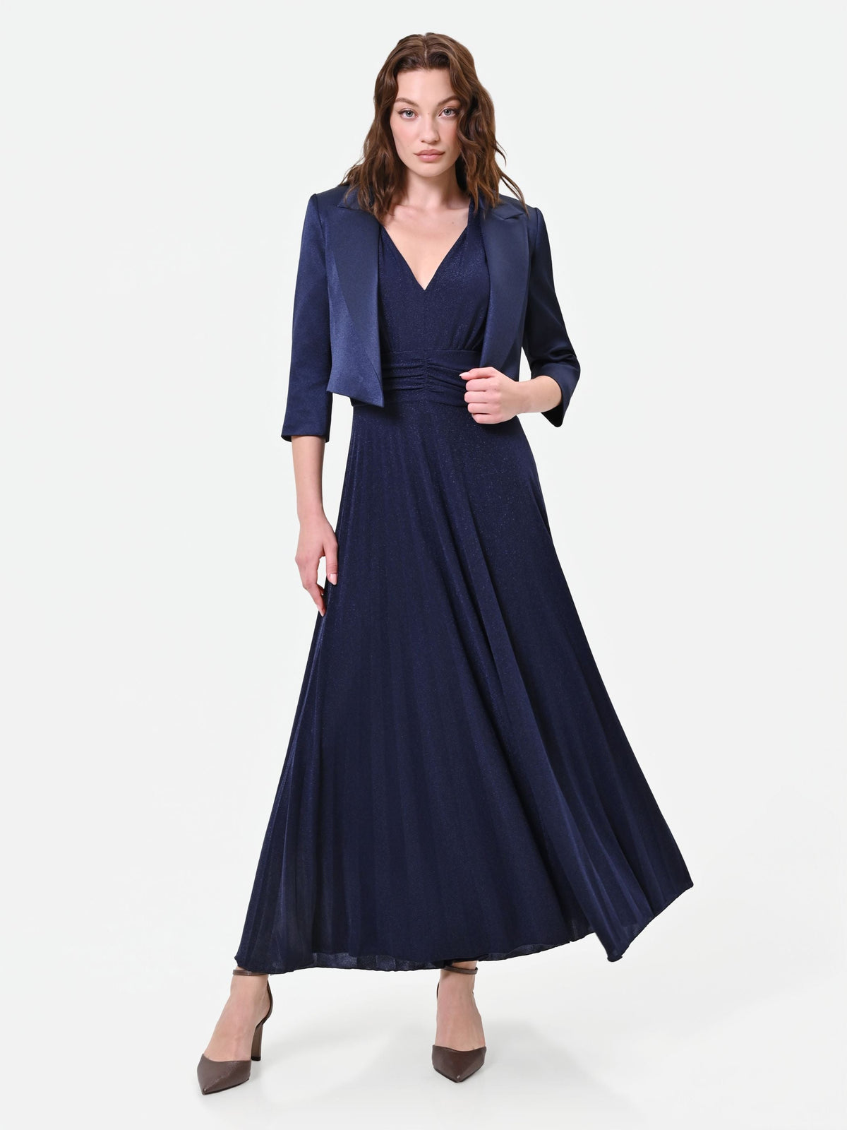 Abito lungo blu navy con drappeggio in vita