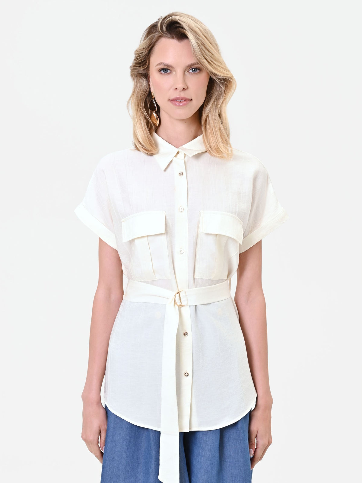 Camicia utility a maniche corte bianco panna
