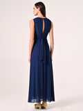 Abito Blu Lungo con Piping Strass