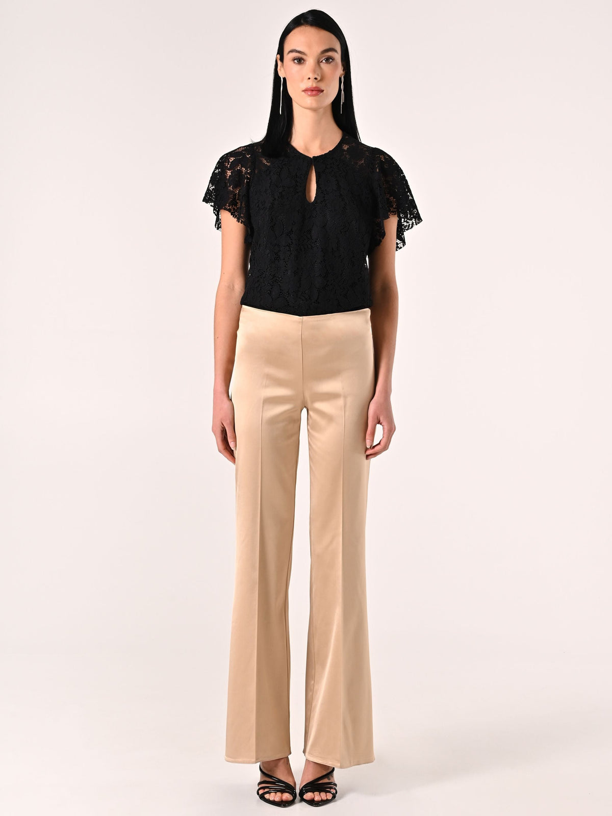 Pantaloni in Raso di Viscosa Beige Scuro