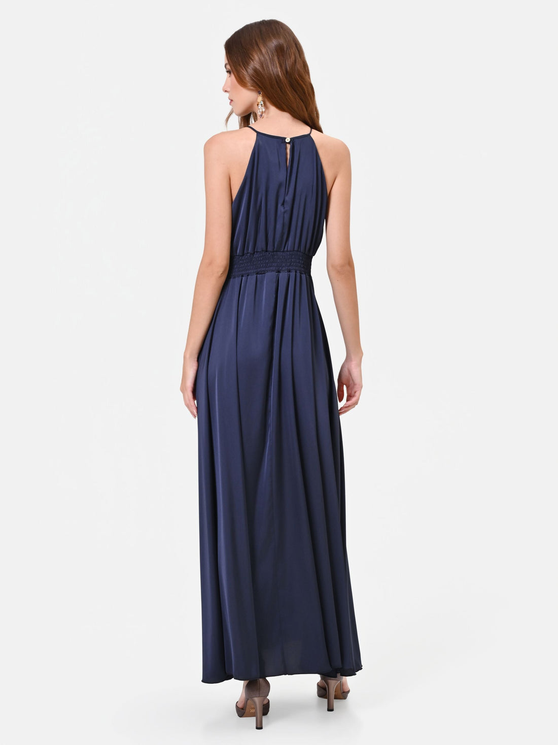 Abito lungo blu navy con scollo all'americana
