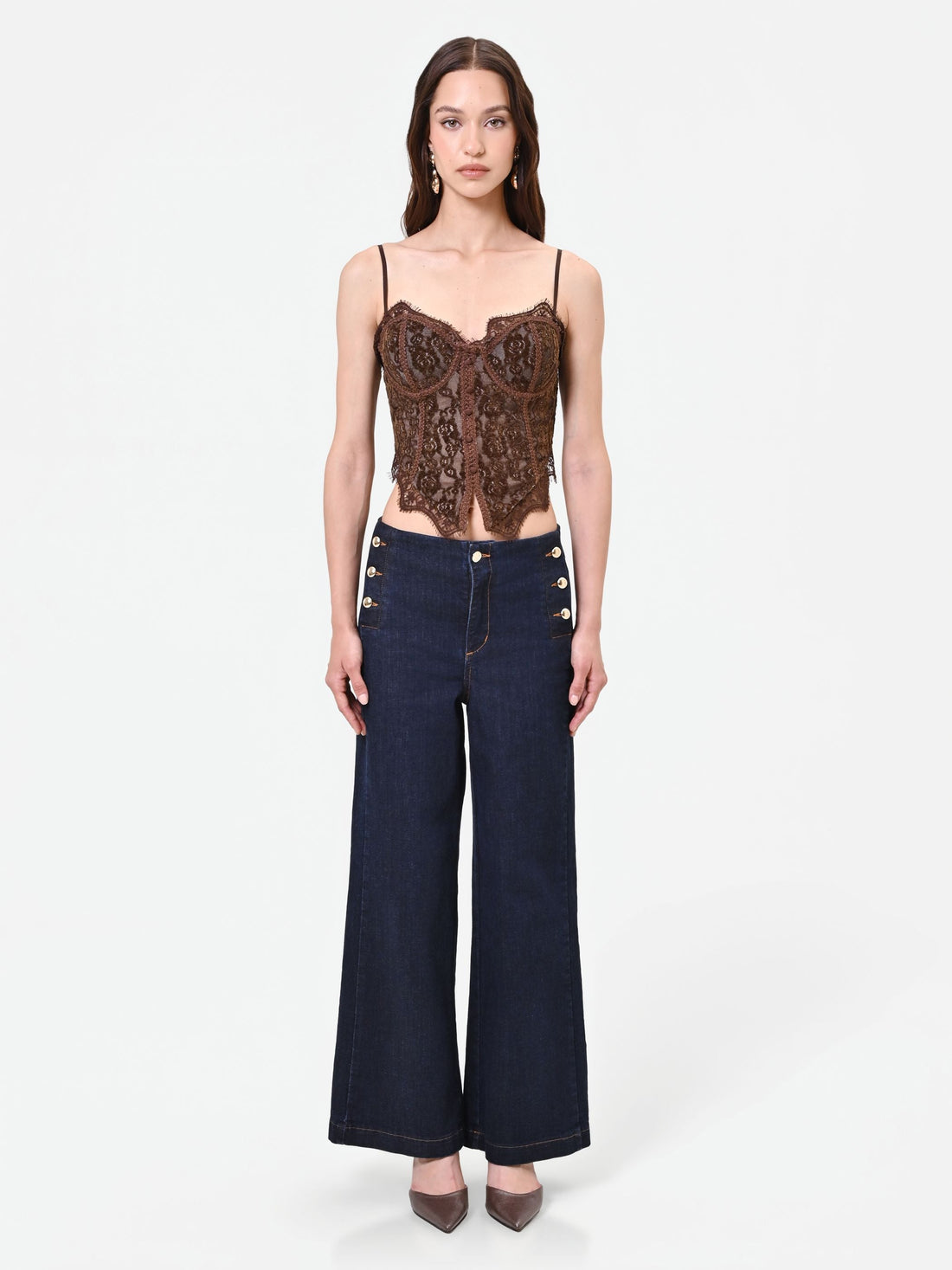 Top bustier cioccolato in pizzo floreale