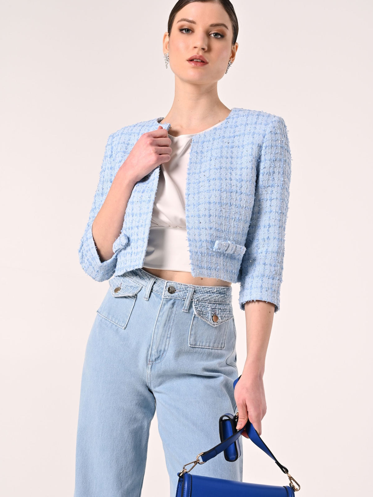 Giacca Azzurra in Tweed con Micro Paillettes