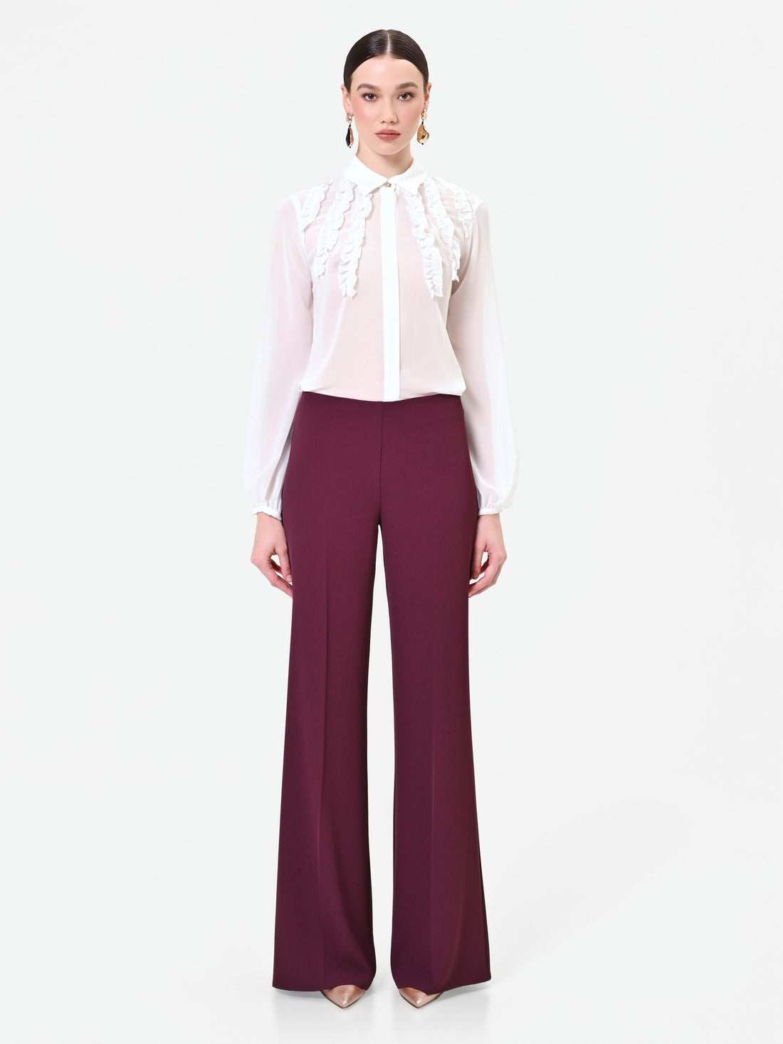 Pantalone a palazzo fluido bordeaux in cadi