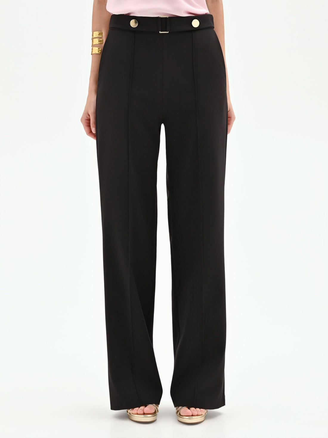 Pantalone nero a gamba dritta con bottoni gioiello