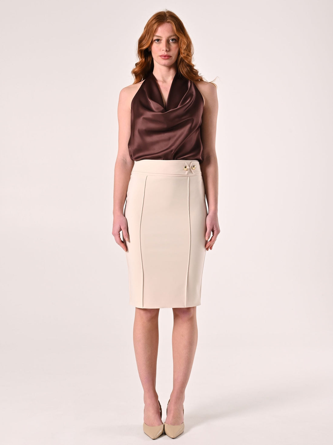 Gonna con Fibbia in Tessuto Tecnico Beige