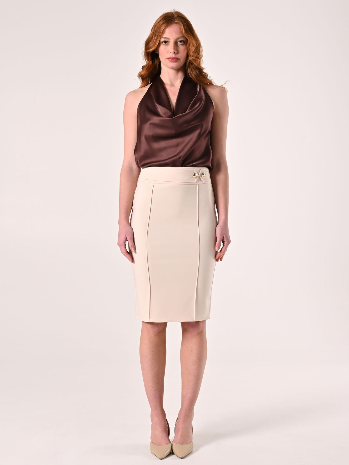 Gonna con Fibbia in Tessuto Tecnico Beige