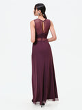 Abito lungo bordeaux rosso con corpino drappeggiato e tulle