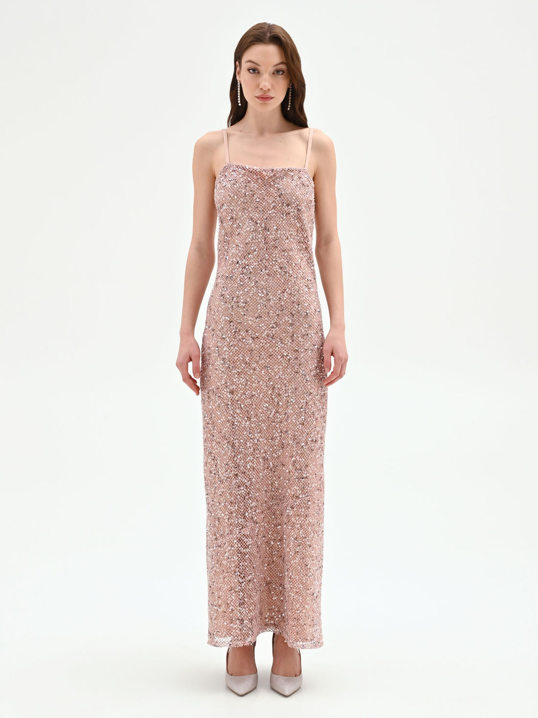 Abito lungo rosa pastello con paillettes