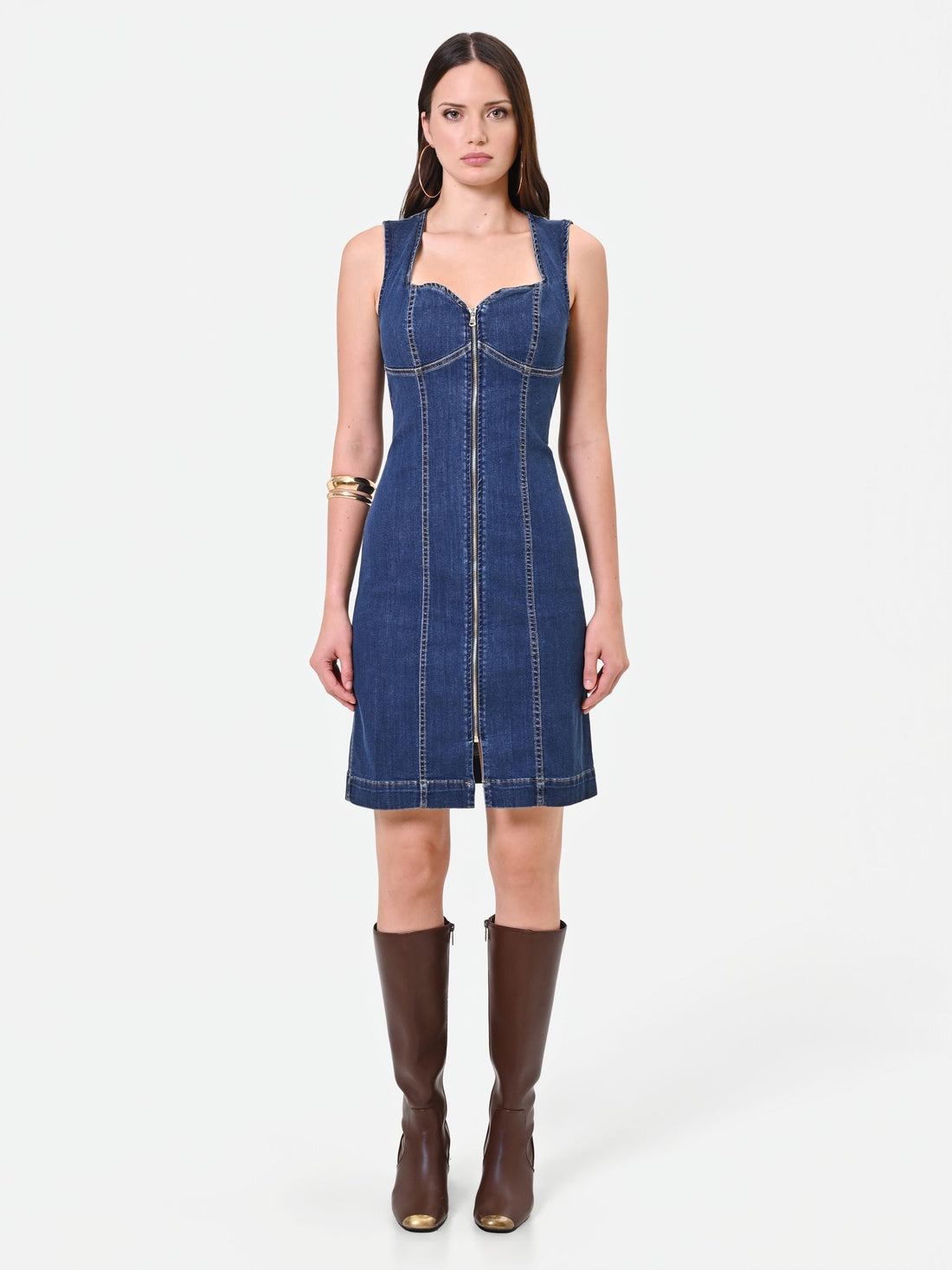 Abito corto in denim blu con zip a vista