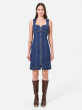 Abito corto in denim blu con zip a vista