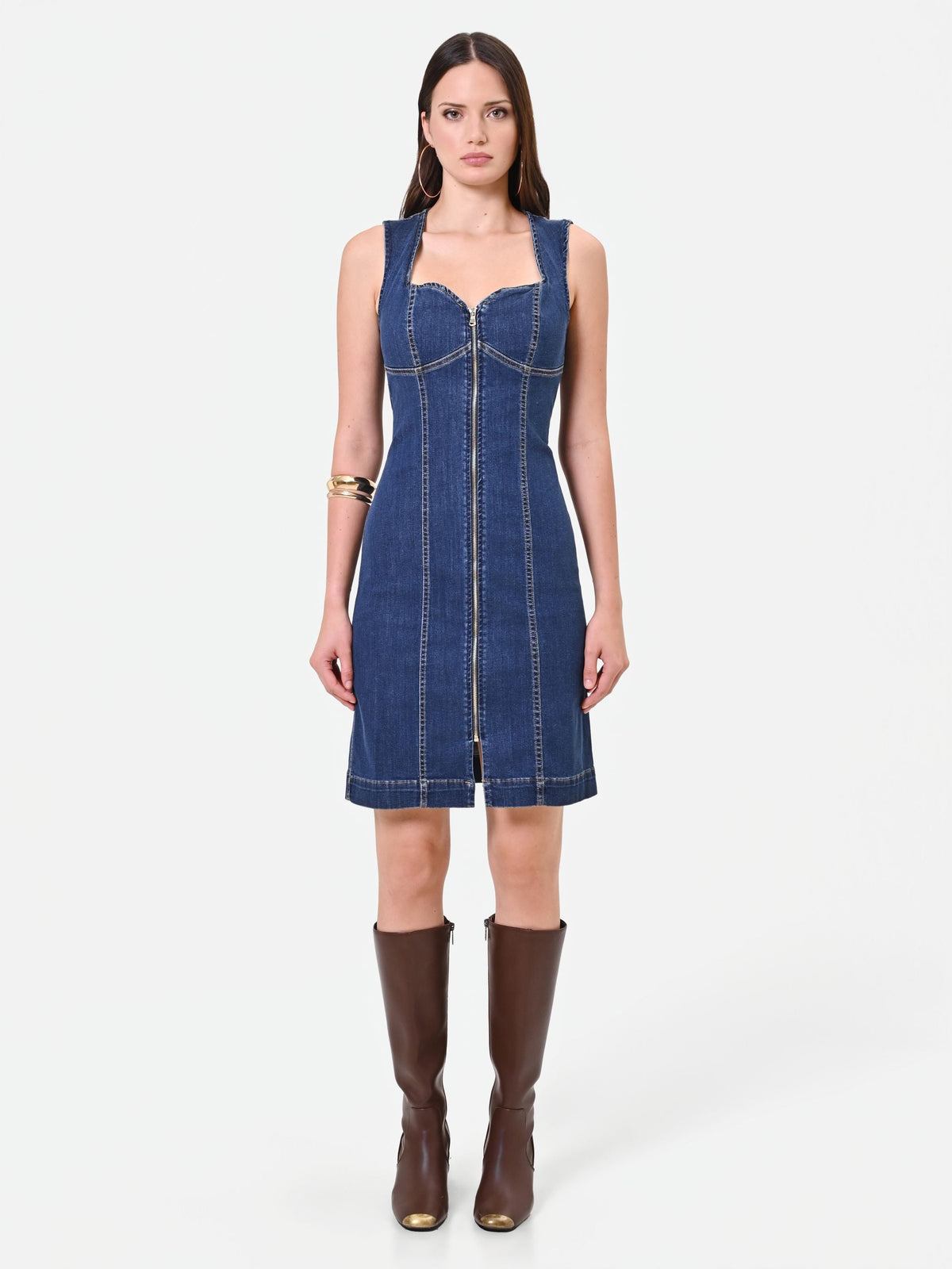 Abito corto in denim blu con zip a vista