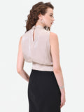 Top tortora beige con fiocco laterale in raso