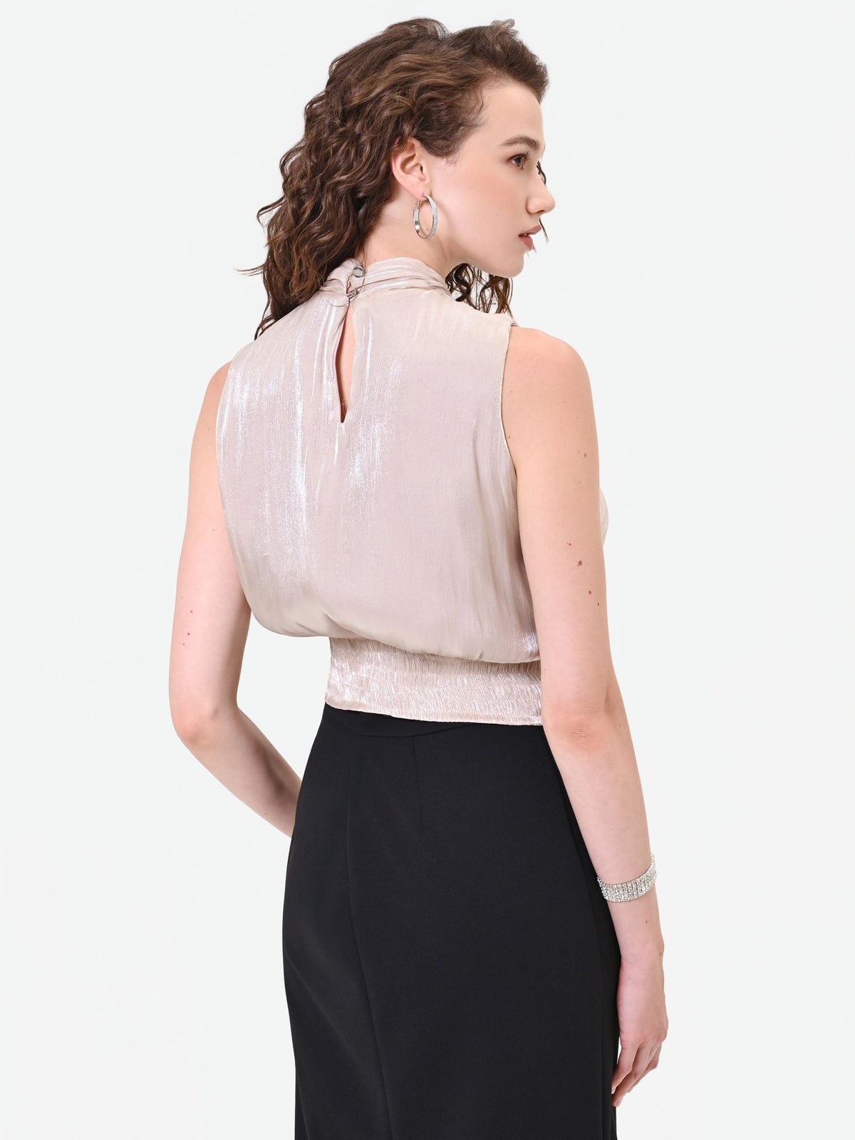 Top tortora beige con fiocco laterale in raso