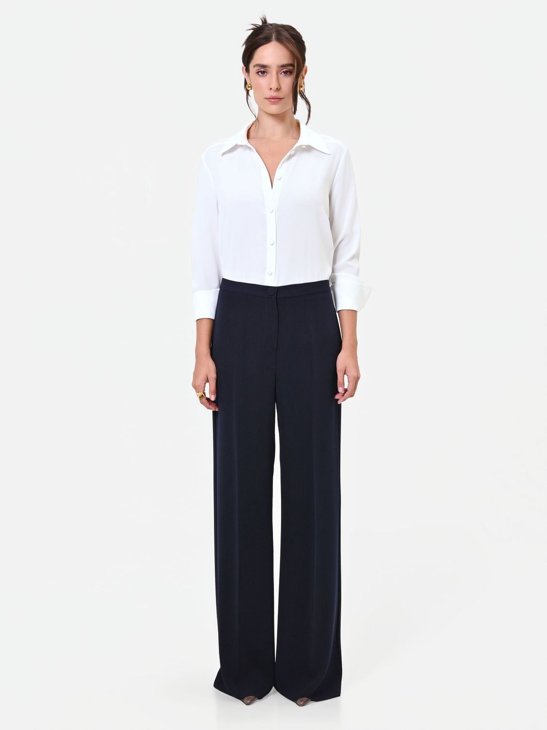 Pantalone Studio gessato a palazzo blu navy in crepe