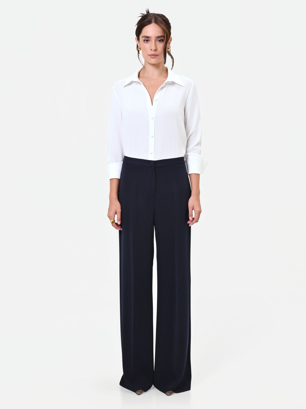 Pantalone Studio gessato a palazzo blu navy in crepe