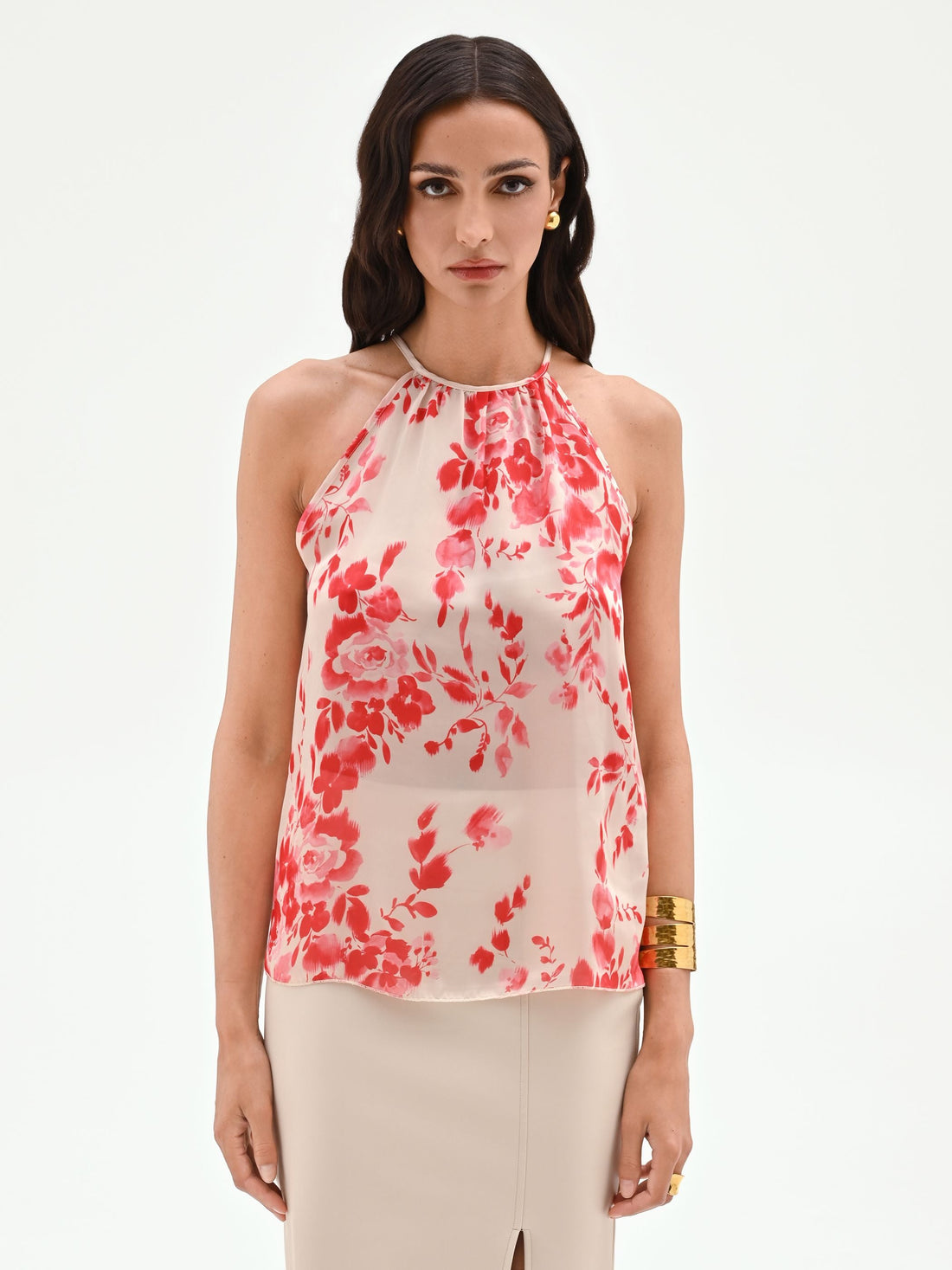 Canotta halter in raso stampa floreale rosso fragola