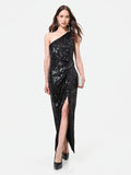 Abito lungo nero monospalla con paillettes