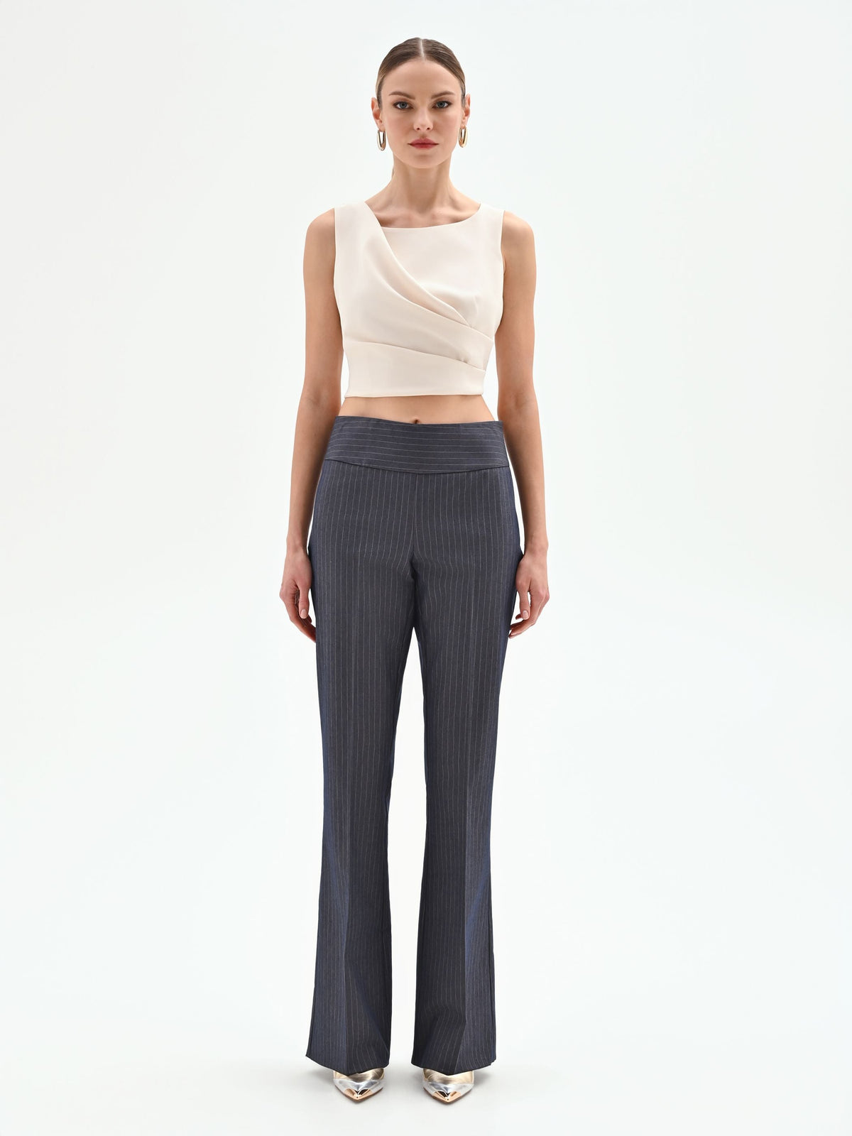 Pantalone gessato blu mid flared