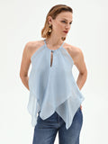 Top cielo azzurro con balze asimmetriche