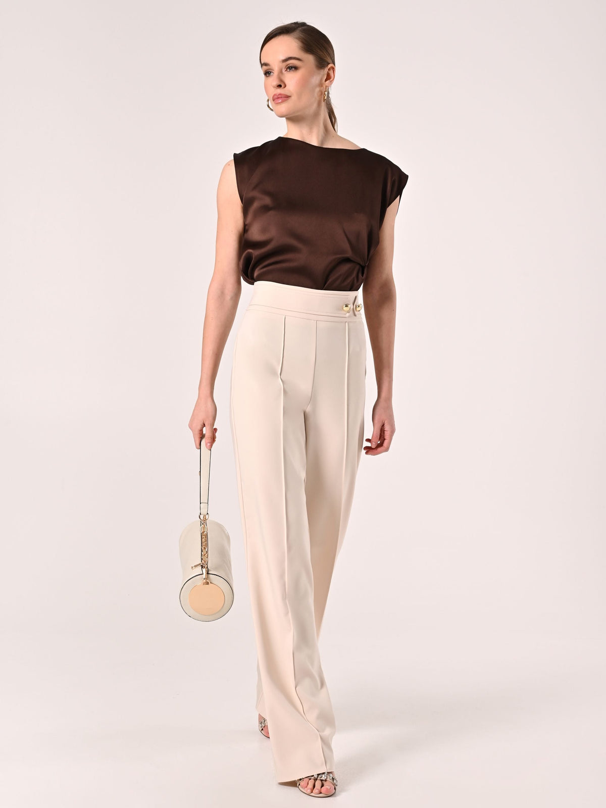 Pantaloni Flared Beige Chiaro in Tessuto Tecnico