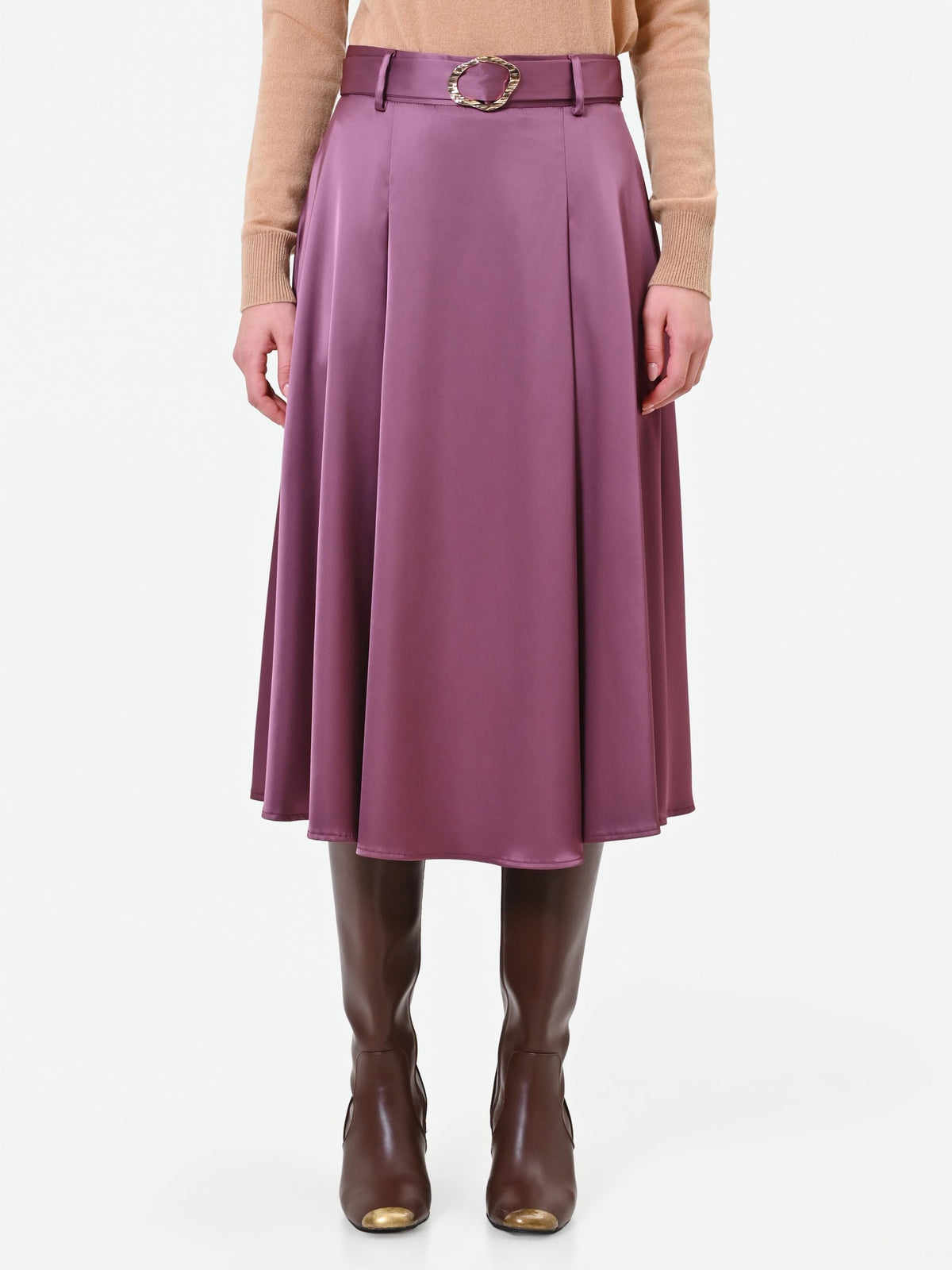 Gonna midi in raso rosa antico con cintura