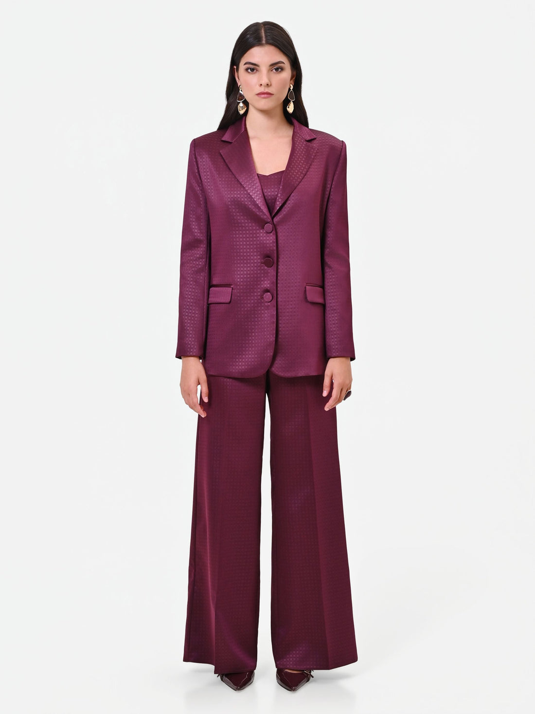 Giacca monopetto bordeaux rosso in raso jacquard Giorgia Palmas X Rinascimento