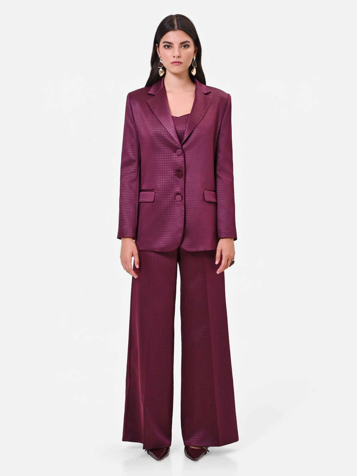 Giacca monopetto bordeaux rosso in raso jacquard Giorgia Palmas X Rinascimento