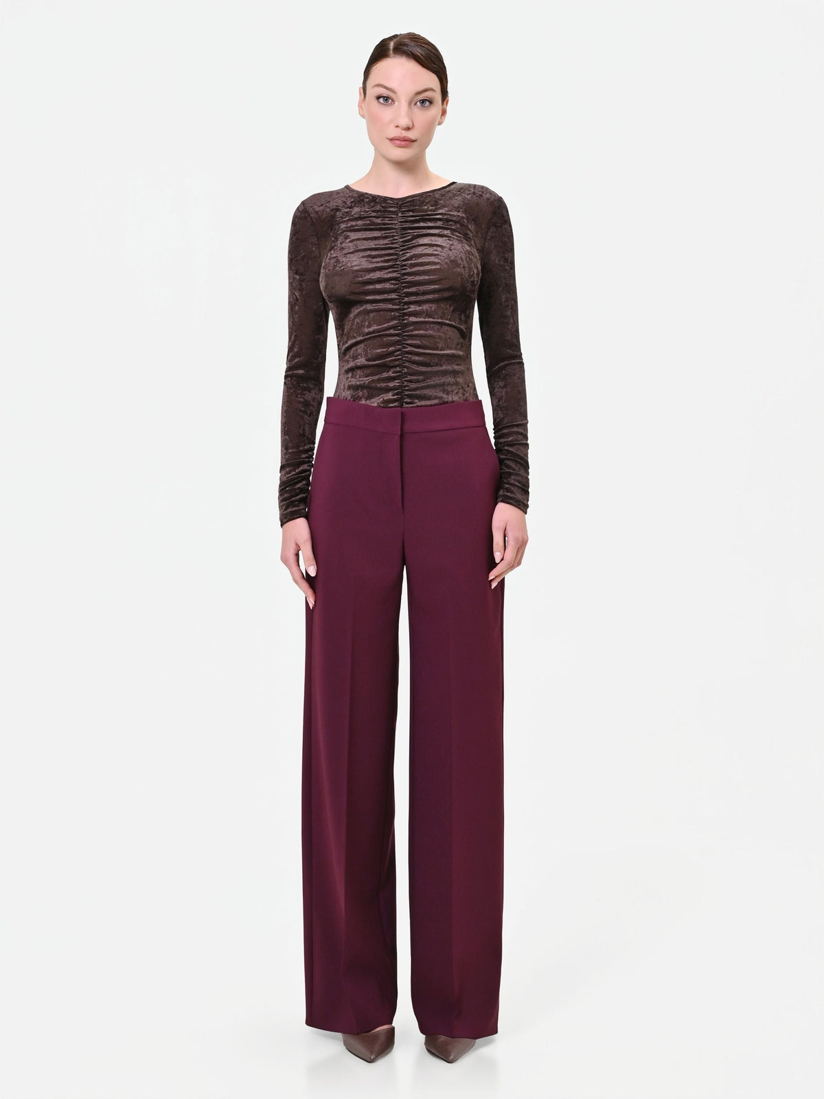 Pantalone a palazzo bordeaux rosso in tessuto tecnico