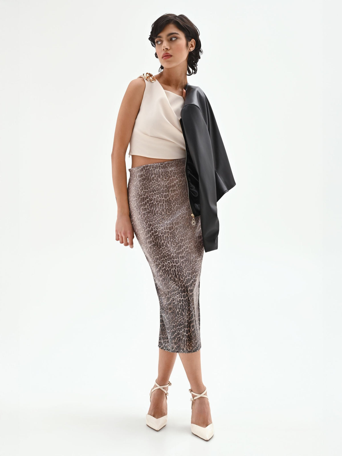 Gonna tubino paillettes animalier tortora beige