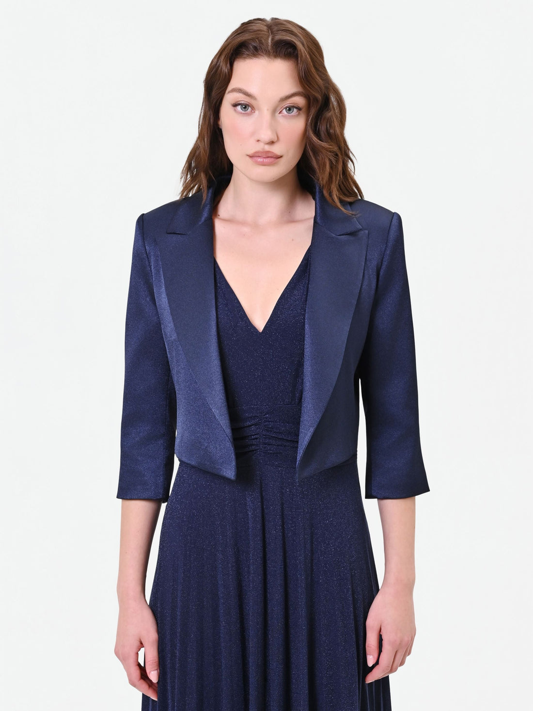 Giacca bolero blu navy con revers in raso