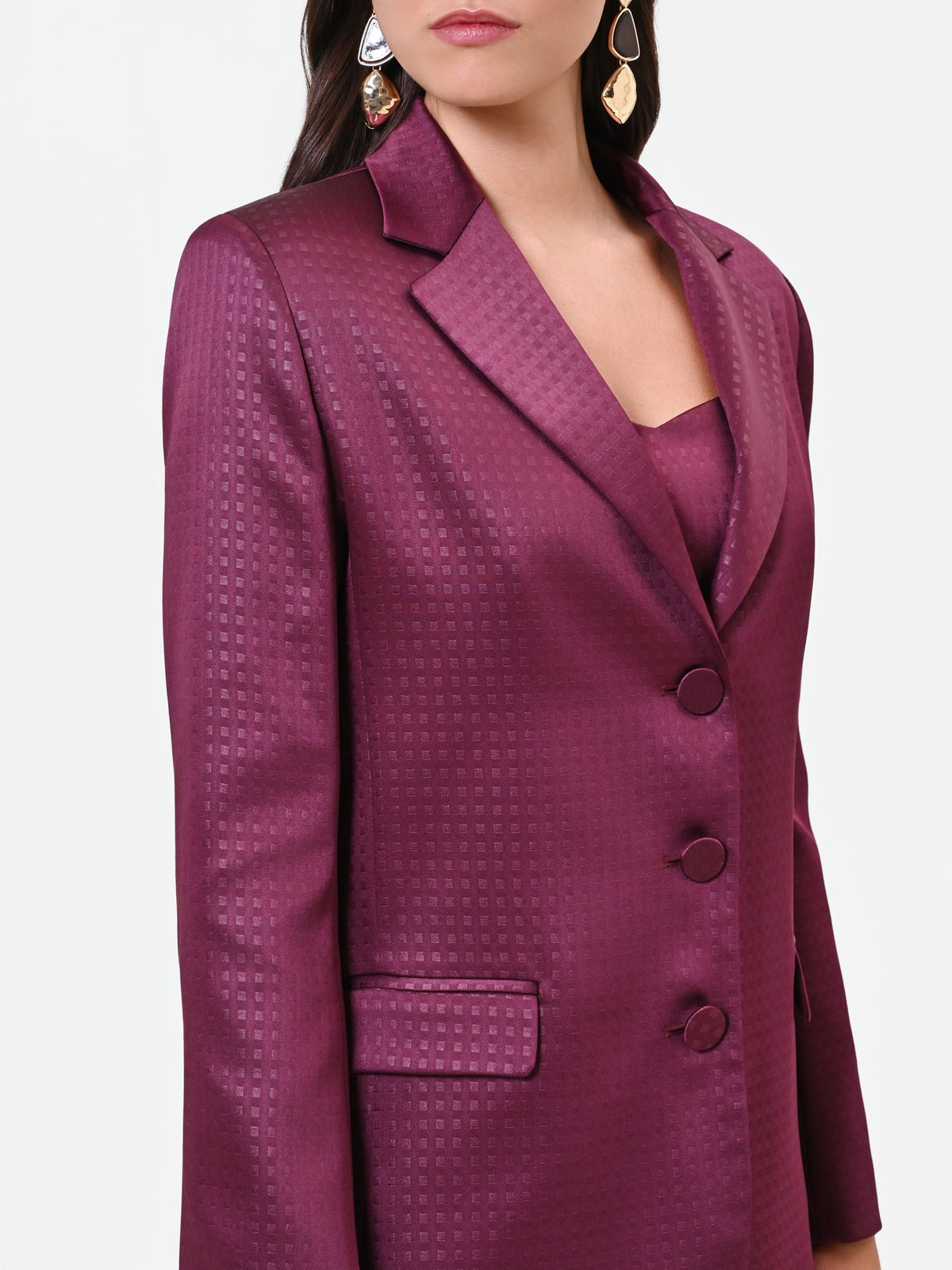 Giacca monopetto bordeaux rosso in raso jacquard Giorgia Palmas X Rinascimento