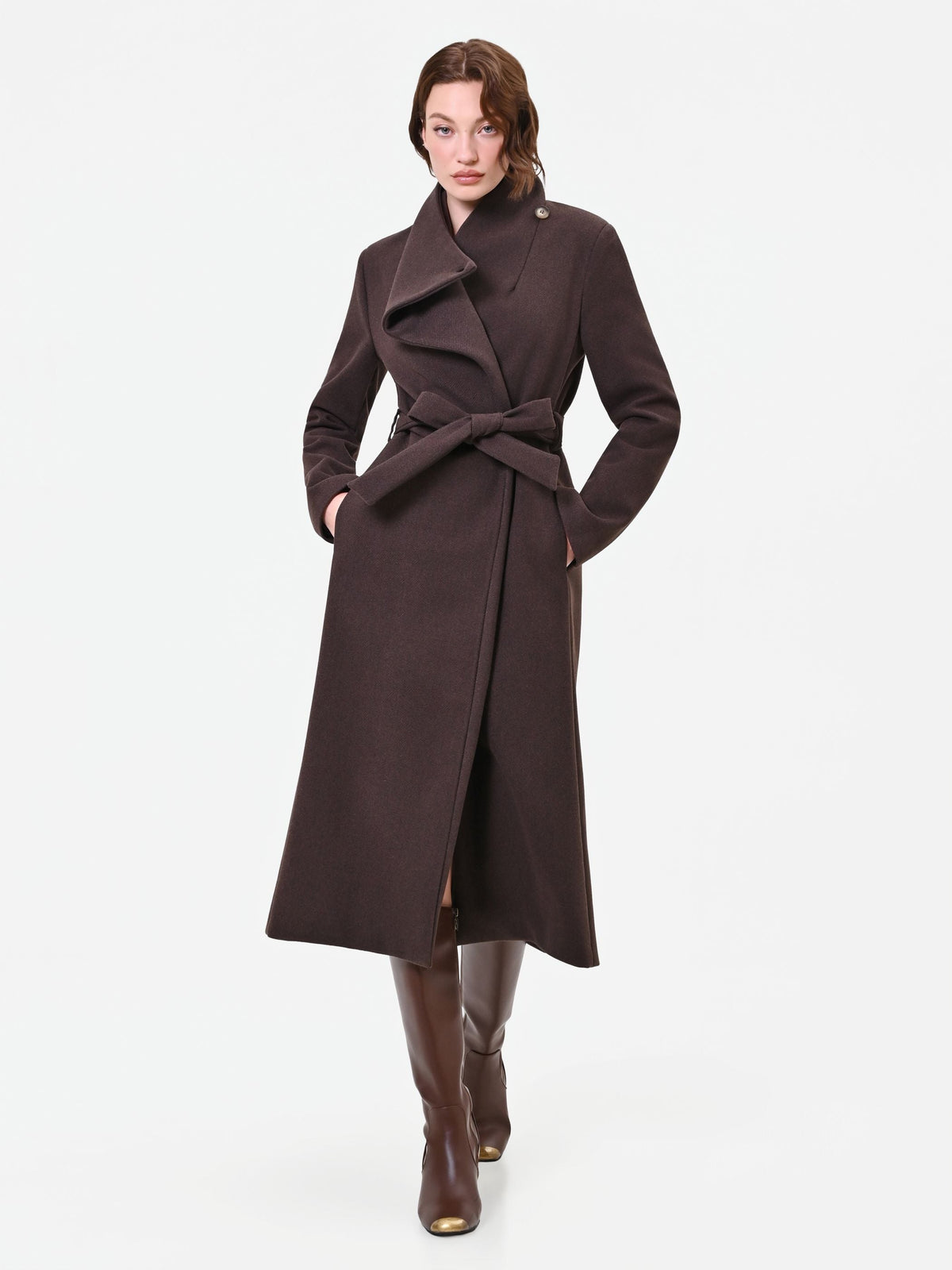 Cappotto lungo marrone moro a portafoglio misto viscosa