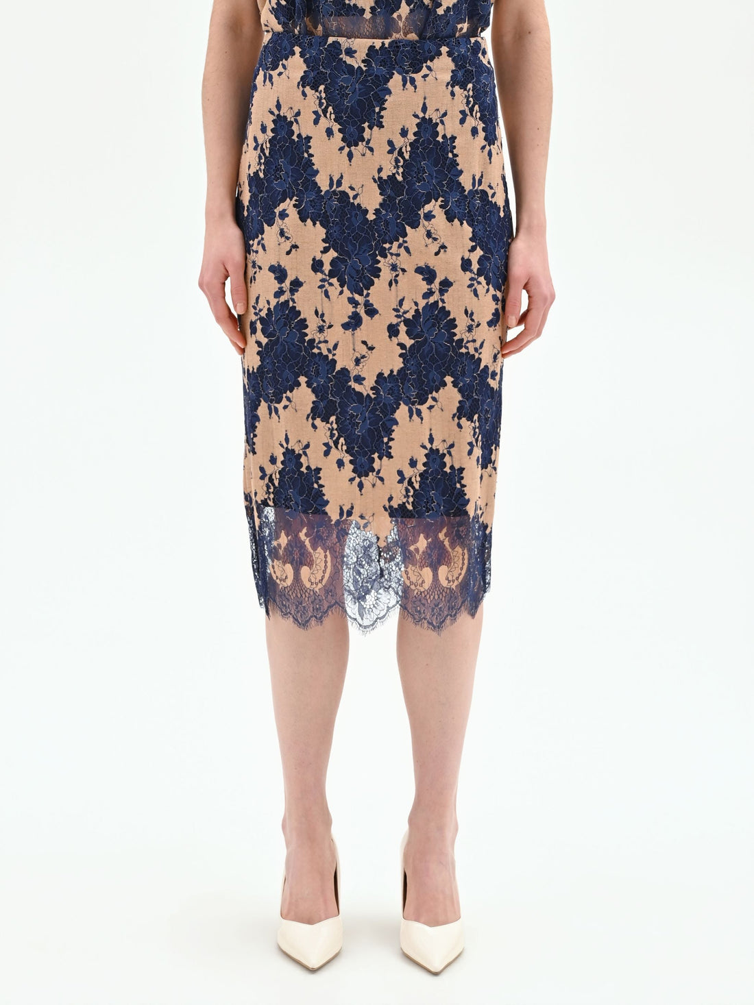 Gonna tubino blu in pizzo macramé bicolore