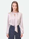 Blusa tortora beige in raso con fusciacca